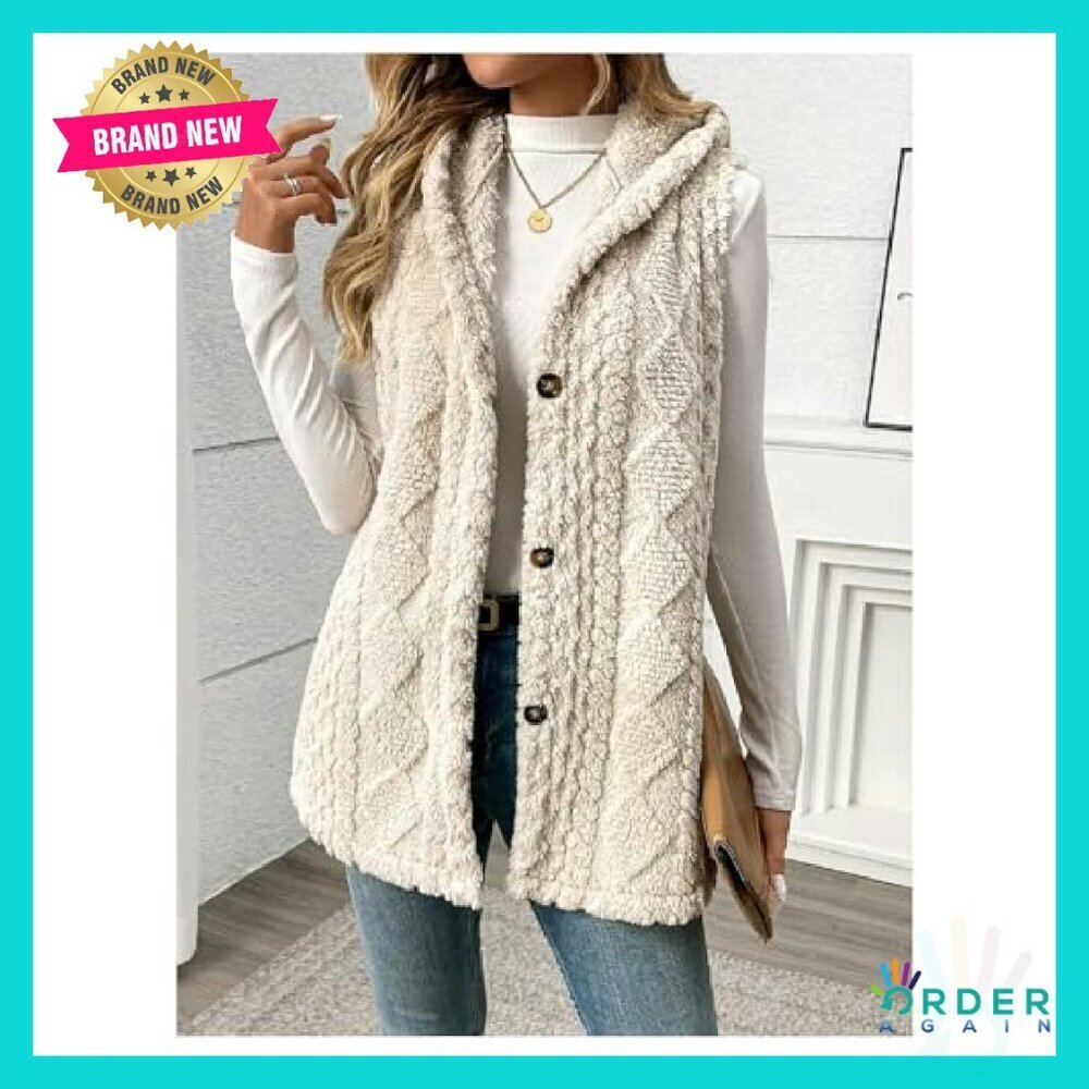 Women's Fleece Hooded Vest Sleeveless Cardigan Coat Chic Winter Outerwear - Picture 6 of 6